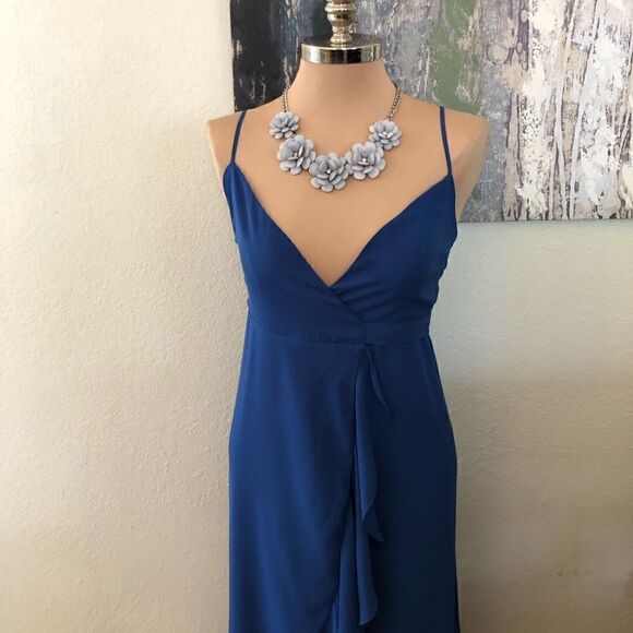 Lulus Manhattan Moment Ruffled Midi Wrap Dress Blue Straps Sleeveless - Picture 2 of 10